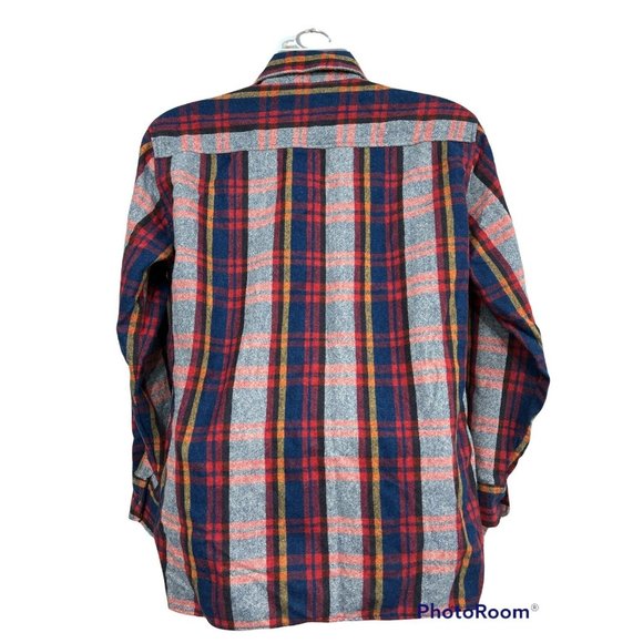 Vintage Flannel Plaid Shacket Jacket Wool Blend Shirt Men Sz L Pockets Grandpa - Picture 6 of 9